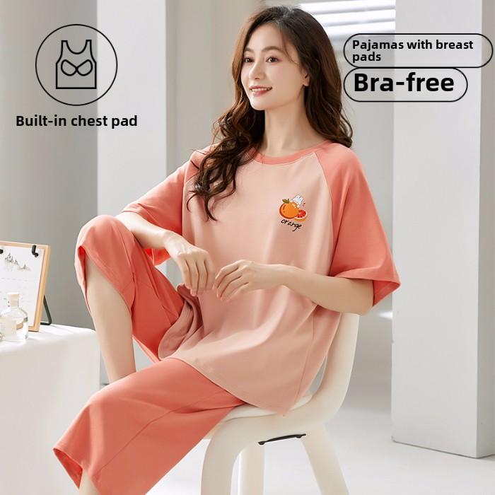 2025 Sommer Damen Pyjama Set mit Brustpolster Weich locker Kurzarm Oberteile und Caprihosen Zweiteilige Nachtwäsche Lingerie Homewear