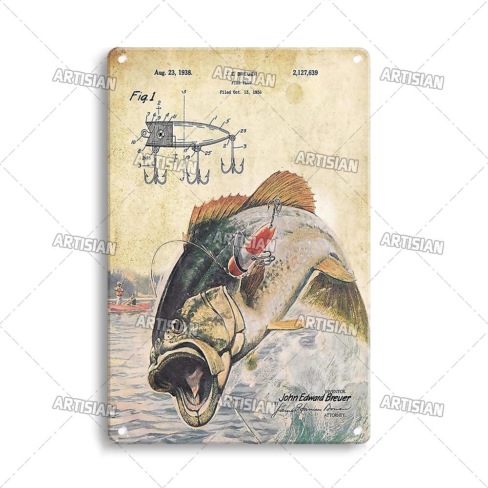 Artisian Fishing Metall-Poster, Sport, Weißblech, Köder, dekoratives Schild, Wanddekoration, Garage, Bar, Pub, Club, Hotel, Café, Küche, Zuhause