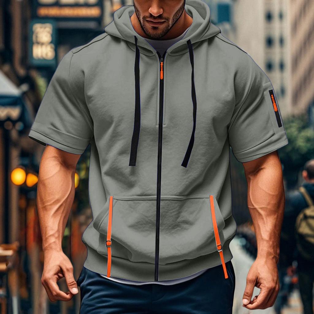 Men's Casual Short-sleeved Sweatshirt. Loose And Breathable Solid-color Sweatshirt Jacket With Multiple Pockets And A Zipper.