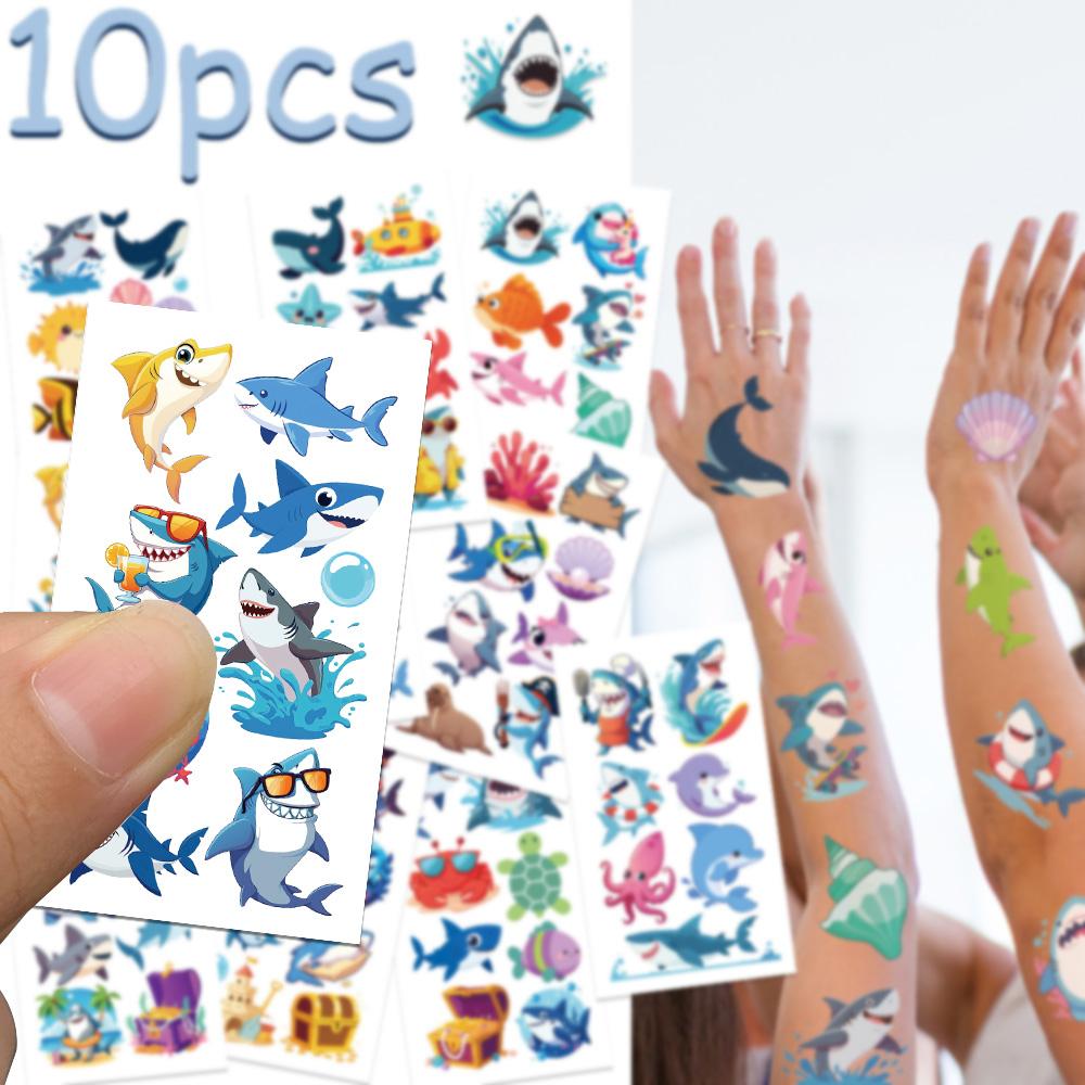 10sheets Cartoon Cute Sharks Tattoo Stickers For Face Hand Body Temporary Fake Waterproof Tattoo Stickers Kids Creative Gifts
