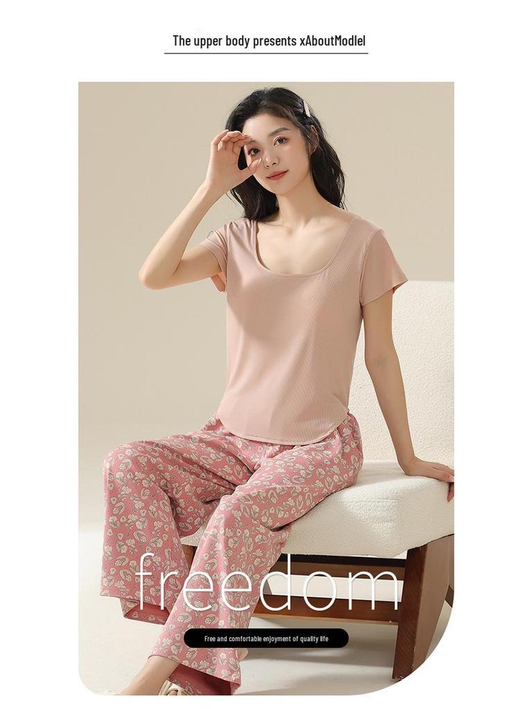 Women's Summer Modal Short Sleeve & Long Pants Fashionable Homewear Set