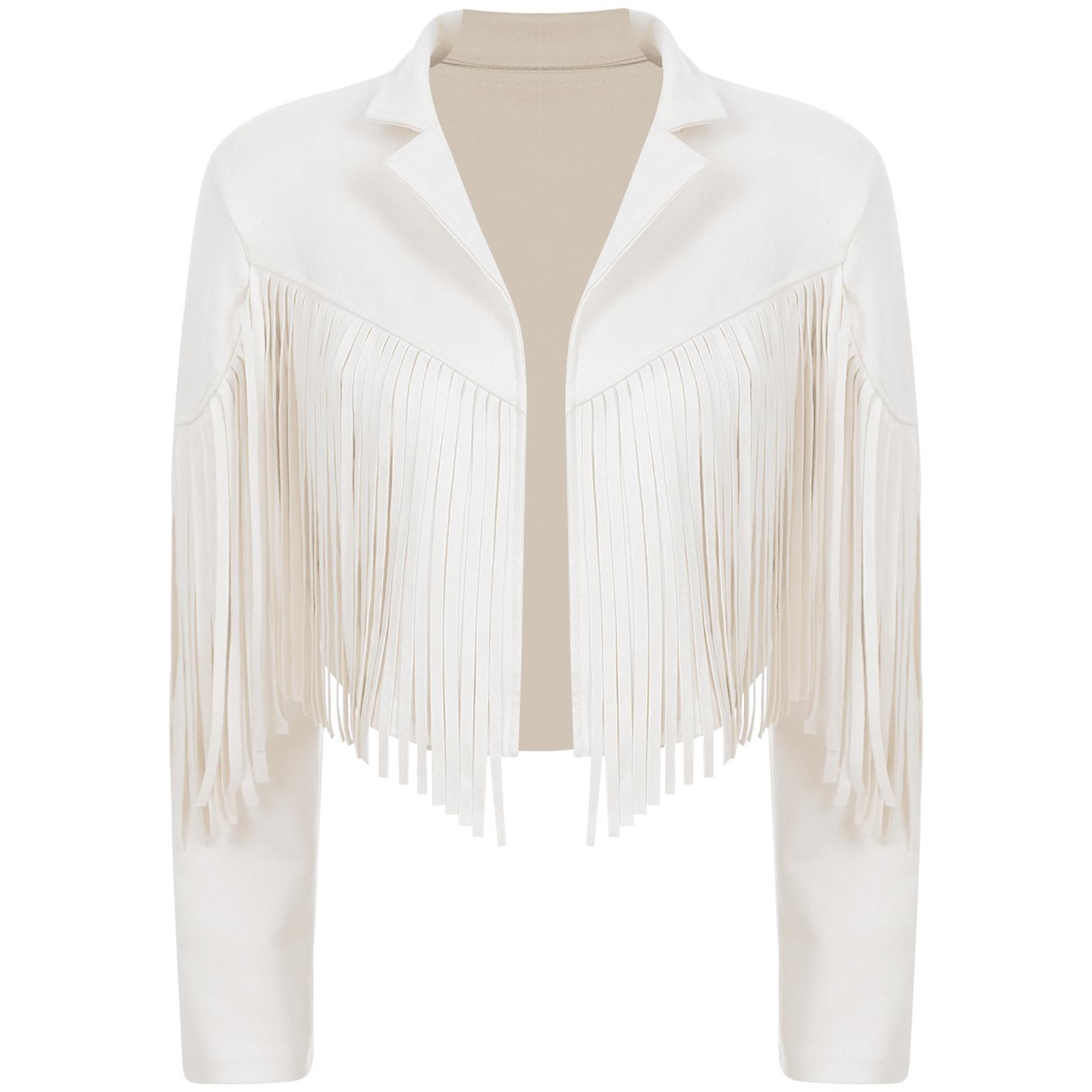 

Жіноча укорочена куртка з бахромою, лацканами зі штучної замші, відкрита спереду, у стилі 80-х, хіпі, ковбойка M