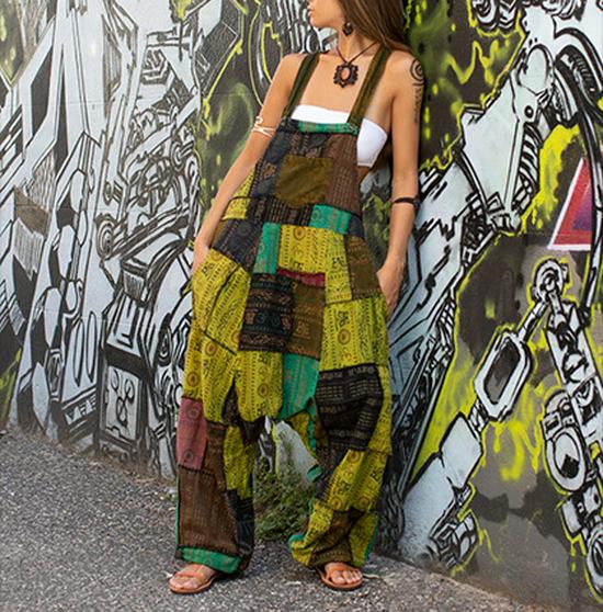 

Women s 2024 Ethnic Patchwork Sleeveless Harem Jumpsuit with Pockets Medium
