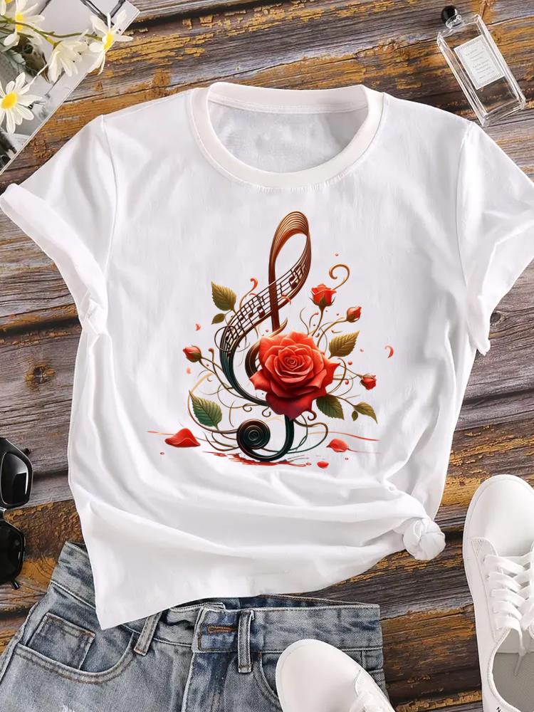 (Asian Size) Flower Letter Trend Female Top Fashion Graphic Short Sleeve T-shirts Casual T Shirt  Lady Printed Clothing Women Tee