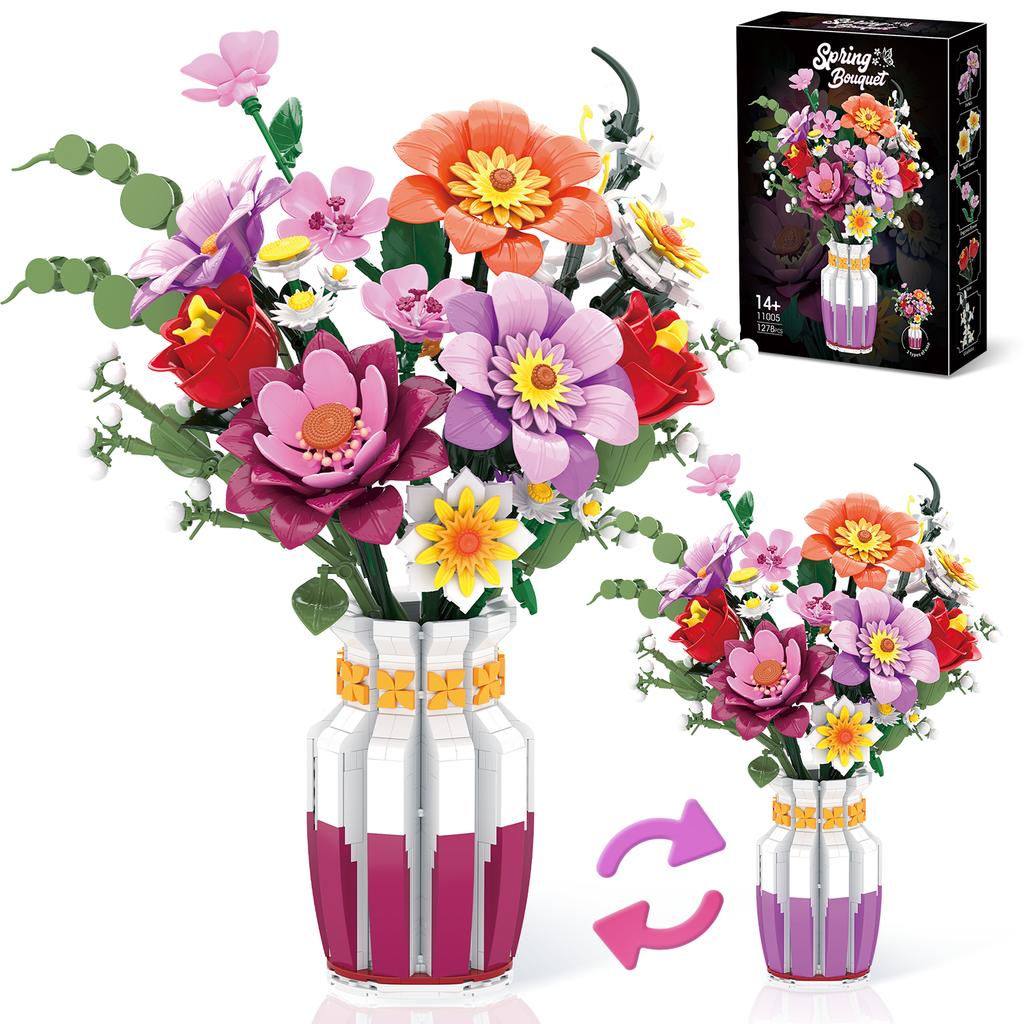 Non-Toxic 1278Pcs Flower Bouquet Building Blocks Floral Model Bricks With Vase Ornaments Home Decoration Diy Toys For Kids Holiday Gifts