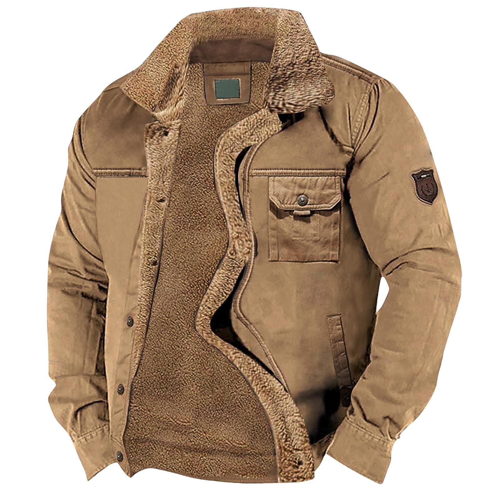 Men s Color Fleece Workwear Casual Loose Button Lapel Pocket Long Sleeve Jacket Shirt XXL