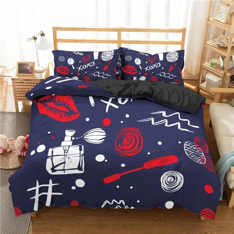 Fashion Bedding Set Makeup Cosmetic Theme Duvet Cover Polyester Perfume Lipstick Nail Polish Brush Print Quilt Cover King Size