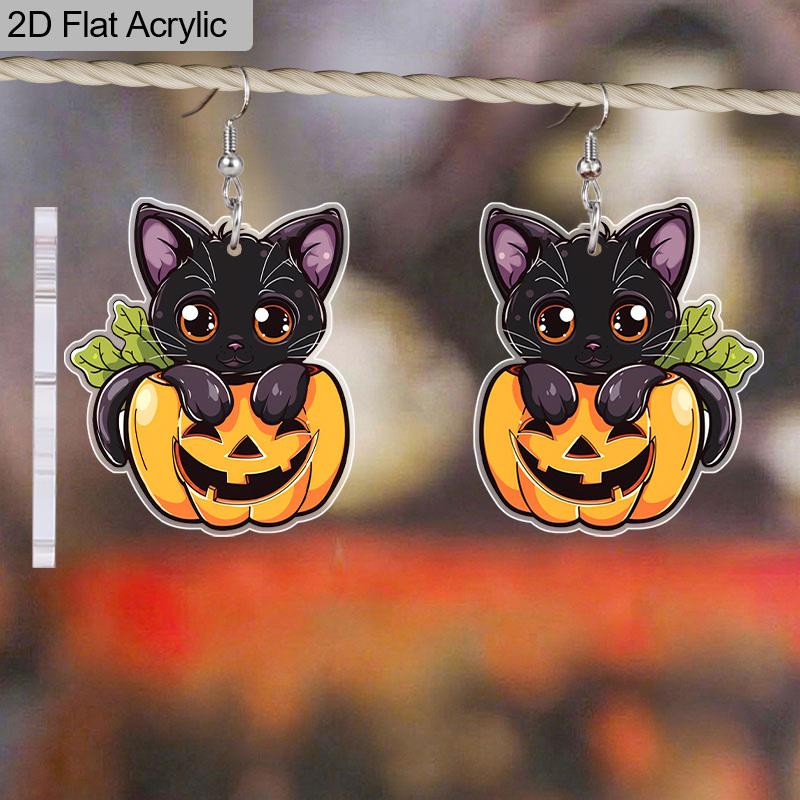 2D Flat Halloween Black Cat Pumpkin Dangle Earrings, Lightweight Acrylic Material, Ideal for Party Gifts, Jewelry, and Halloween Gifts.