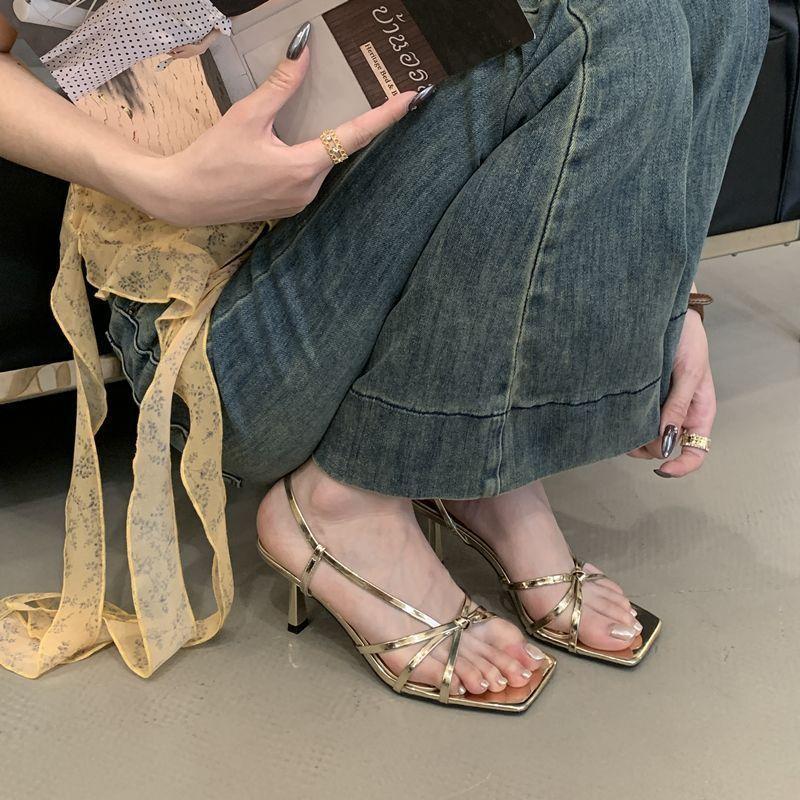 Fairy Style Summer French Cross-heeled Sandals Temperament Thin Strap Socialite Thin Heel Open-toed High Heels