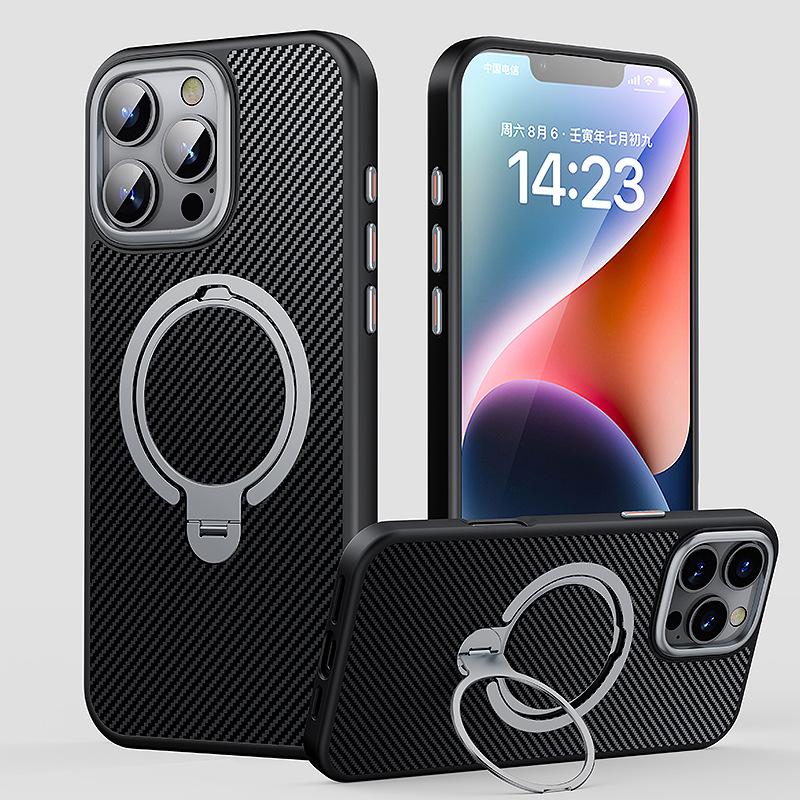 Applicable to Apple 16 mobile phone case, carbon fiber bracket, magnetic 360 ring, iPhone17Pro anti-drop mobile phone case.