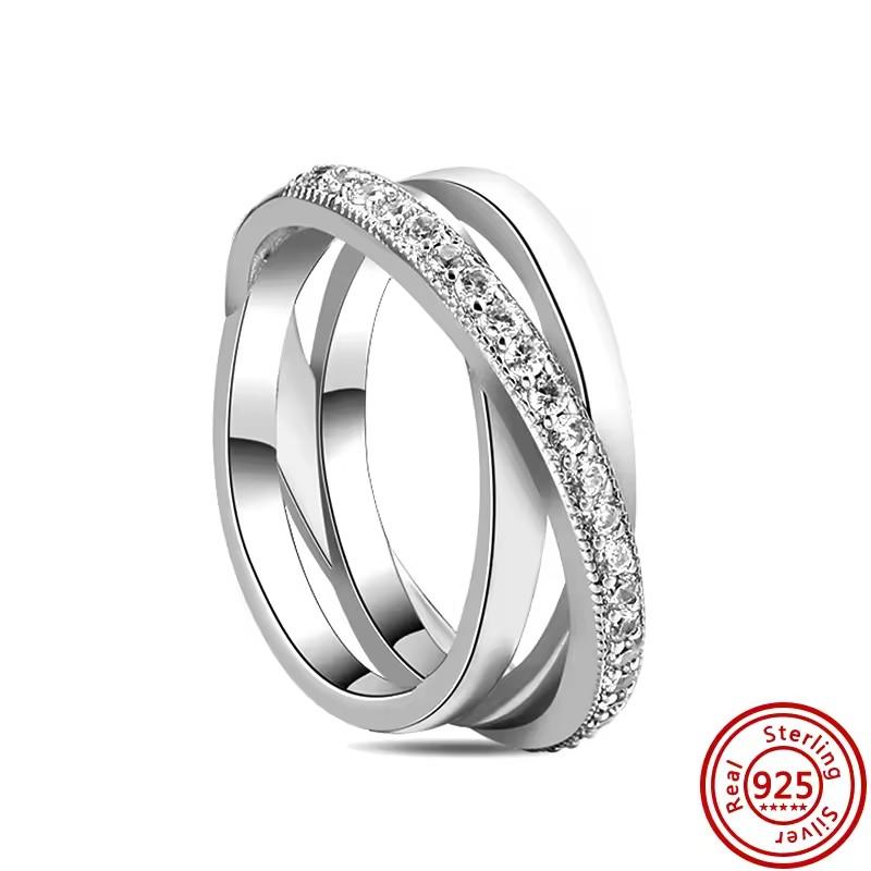 New 925 Silver Double Layer Zircon Crystal Band Ring Charm Stackable Jewelry Wedding Engagement Party Gift