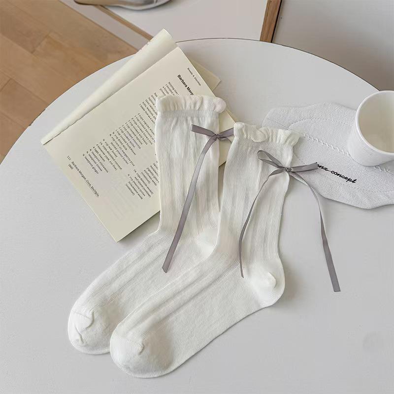 Miu-Style Ruffle Egg Embroidery Ribbon Bow Thin Cotton Socks - Spring/Summer New Arrivals One Size