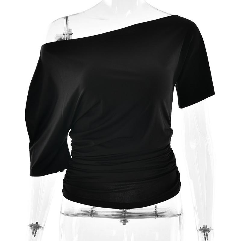 T-shirt Casual da Donna Sexy Aderente con Ruches a Spalla Unica Manica Corta