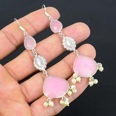 925 Silver Pear Natural Pink Chalcedony Daughter Handmade Dangle Ethnic Earrings
