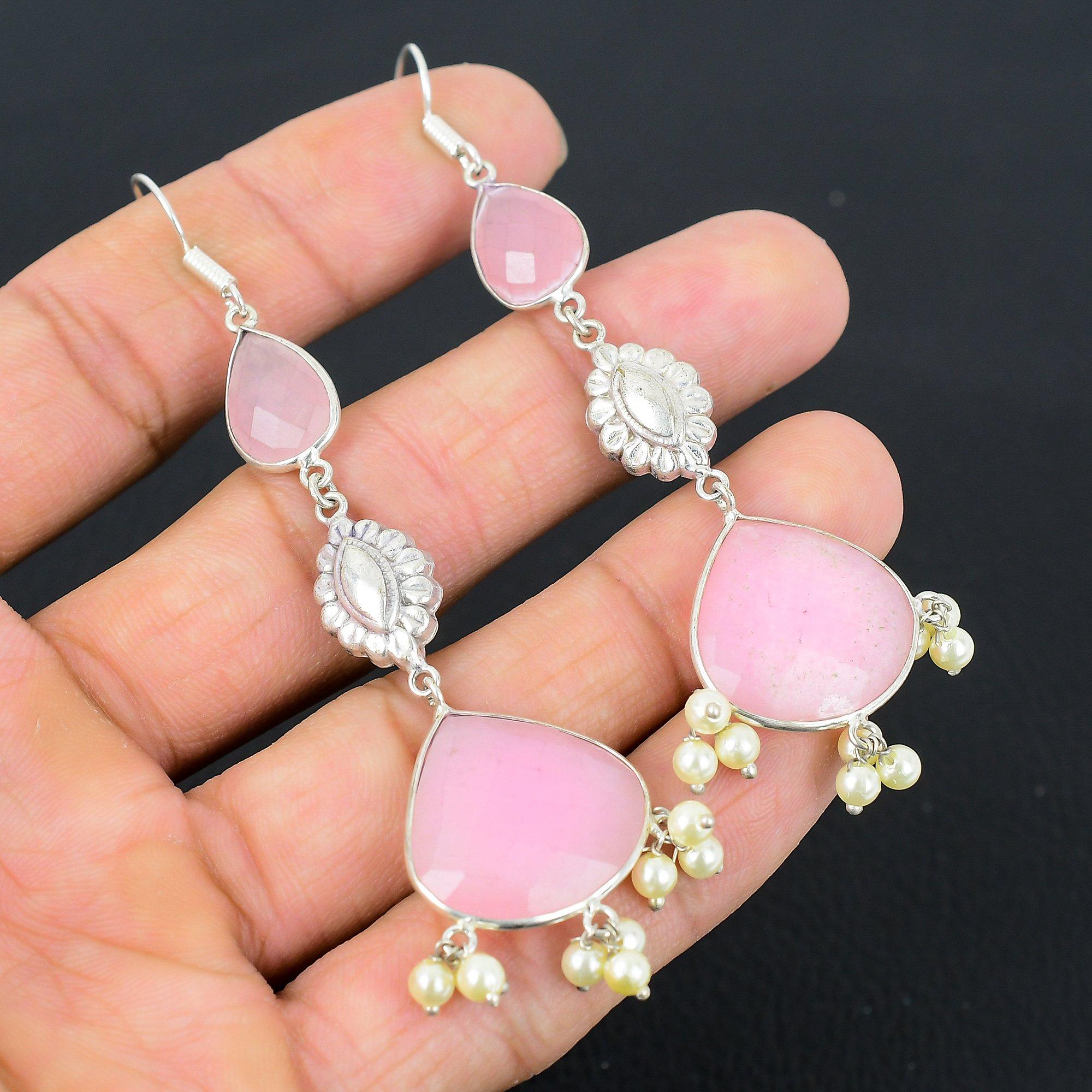 

925 Silver Pear Natural Pink Chalcedony Daughter Handmade Dangle Ethnic Earrings