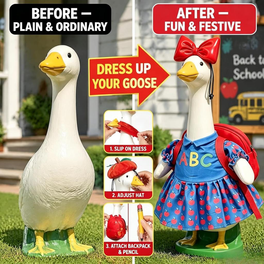 23 Inch Porch Goose Costume Back to School Student Outfit Printed Dress Hat Backpack Pencil Accessories for Outdoor Garden Yard Lawn Decor