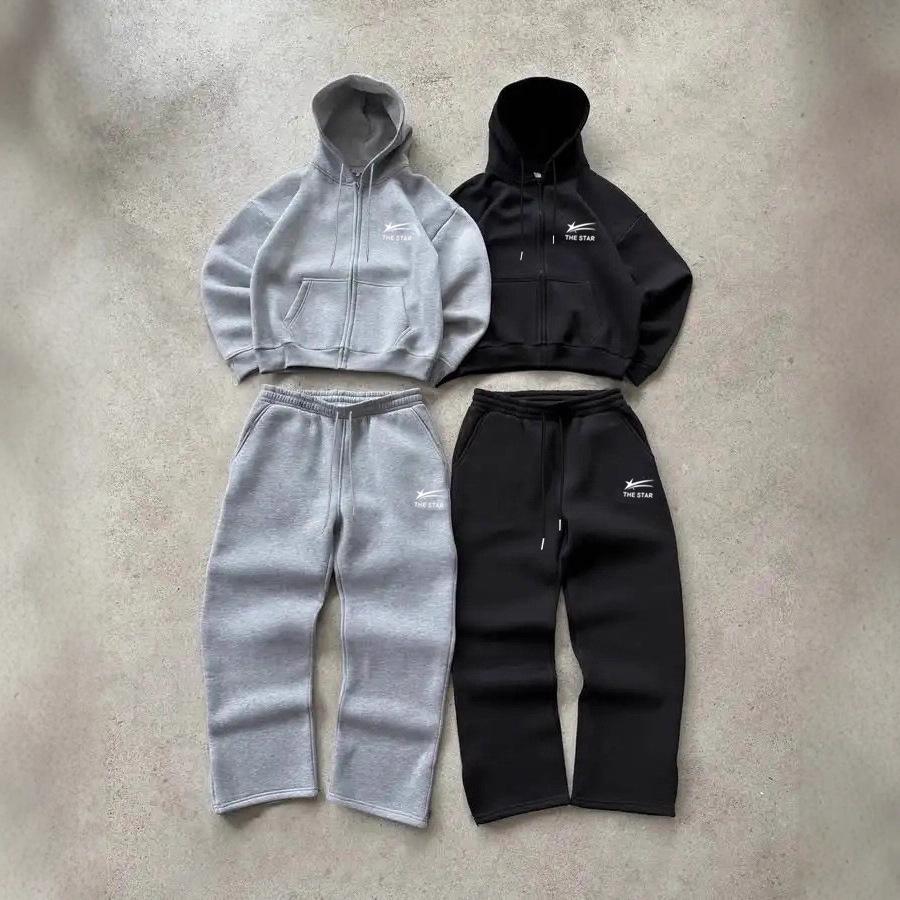 2025 Trendy European Style Unisex Streetwear Set - Printed Zipper Top & Bottoms