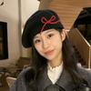Bow knitted beret women's autumn and winter cold and warm wool hat big head circumference showing face small painter hat