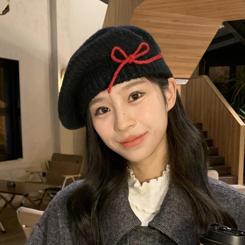 Bow knitted beret women's autumn and winter cold and warm wool hat big head circumference showing face small painter hat