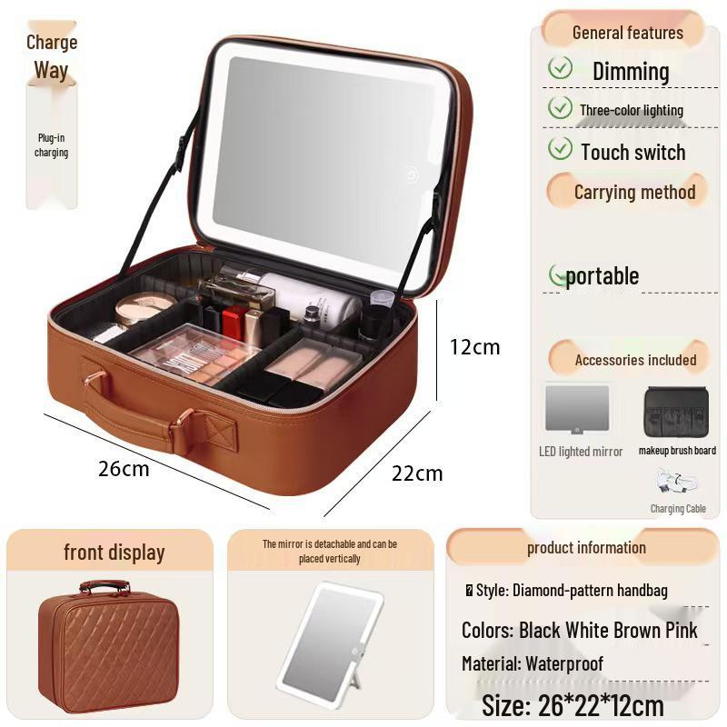 

Cross-border LED Mirror Makeup Bag with High-end Diamond Pattern and Spacious Partitioned Storage. 26*22*12 коричневий