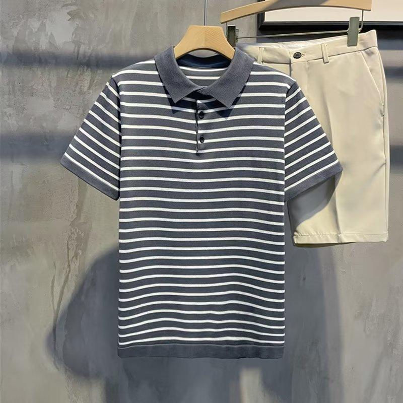 

Мужская повседневная рубашка-поло с квадратным воротником и коротким рукавом, полосатая мужская рубашка, тонкий топ L серый