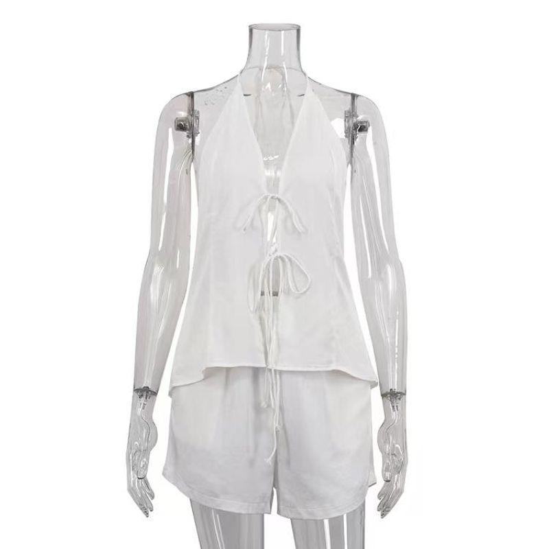 Western Style Sexy Backless Halter Top Shorts Two-Piece Sexy Lace up Vest Shorts Set