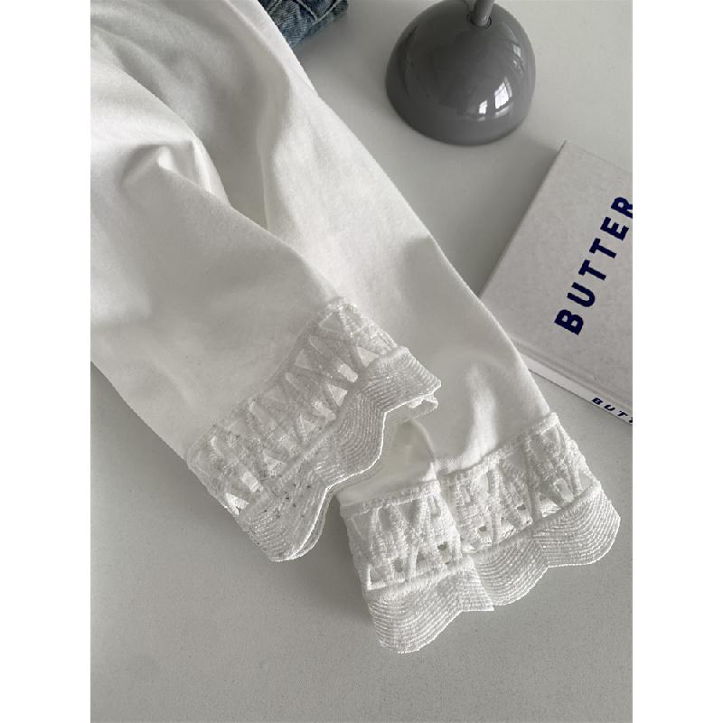 Hollowed-out lace hem pure cotton round-neck long-sleeve T-shirt for women, 2026 spring elegant Korean-style base shirt top