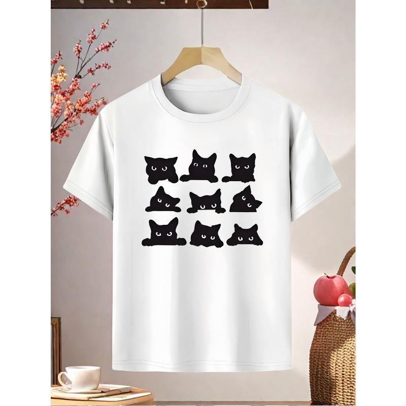 European sizes Cute Cat Pattern T-Shirt - Soft and Comfortable with Black Cat Print for Added  Comfortable Fabric, Girls' Casual T-Shirt