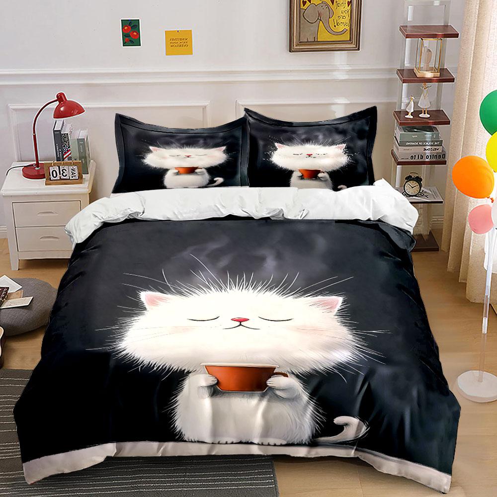 Cute Cat Trio Decor Set Soft Skin-Friendly Bedding Set Includes 1 Duvet Cover And 2 Pillowcase Gift