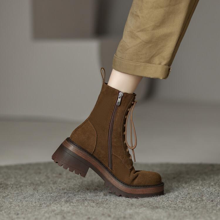 

Fashion New Autumn Winter Cow Suede Women Boots Fashion Lace Platform Boots for Women Chunky Heel Short Boots Botines Mujer High Heels 40