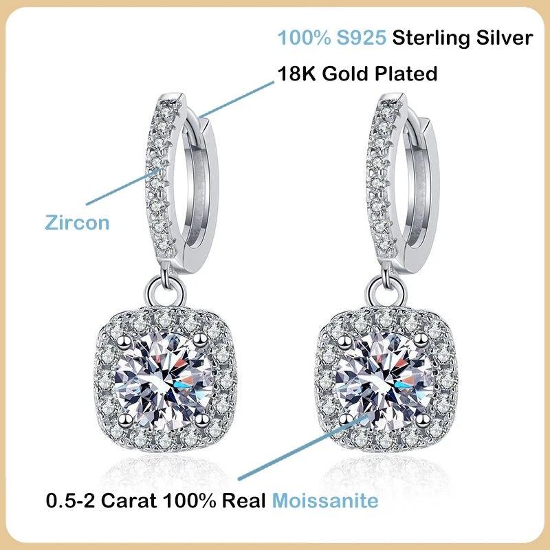 D Barva 1 karátové moissanitové diamantové náušnice s kapkou Luxusní designové čtvercové dámské svatební jemné šperky S925 náušnice ze sterlingového stříbra