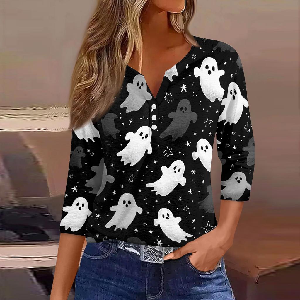 Women V Neck Button Three Quarter Sleeve Top Halloween Print Casual Loose Fit T Shirt for Daily and Holiday Wear