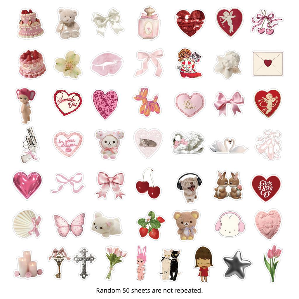 50PCS Pink Cute Girls Stickers Ins Style Coquette Cartoon Decoration DIY Skateboard Fridge Guitar Phone Wall Decals Toys