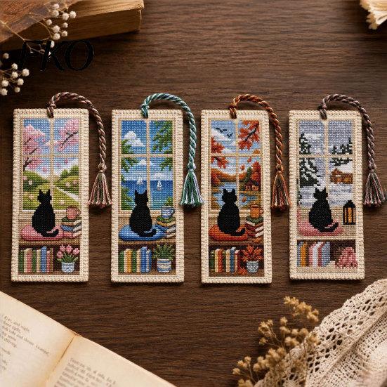 Delicate Stitching Bookmark DIY Stitch Kit for Adults Beginners, Seasonal Cat Retro Handmade Embroidery Kit, Gifts Lovers, Readers Craftsmanship