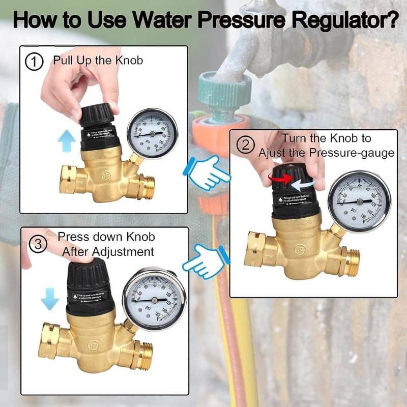 Water Pressure Regulator for RVs Campers Garden Handle Adjustable Universal Water Pressure Regulator Valves with Gauges