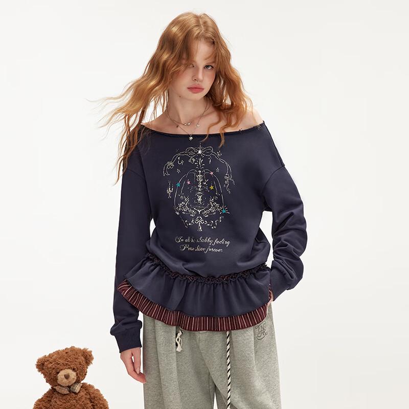 unifree 2025 Fall Korean Print Faux Two-Piece Sweatshirt