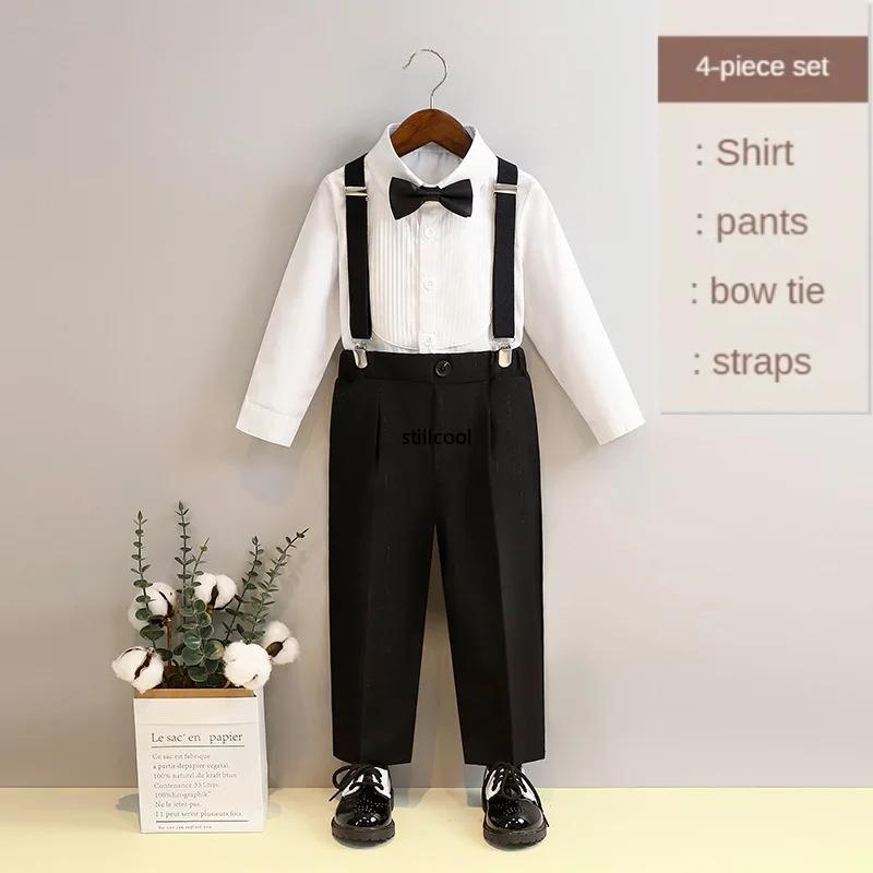 School Boys Suspender Trousers Formal Suit Shirt Bow Tie Kids Wedding Ring Bearer Piano Recital Birthday Photoshoot Gentleman Outfit for Boys 3-12Y