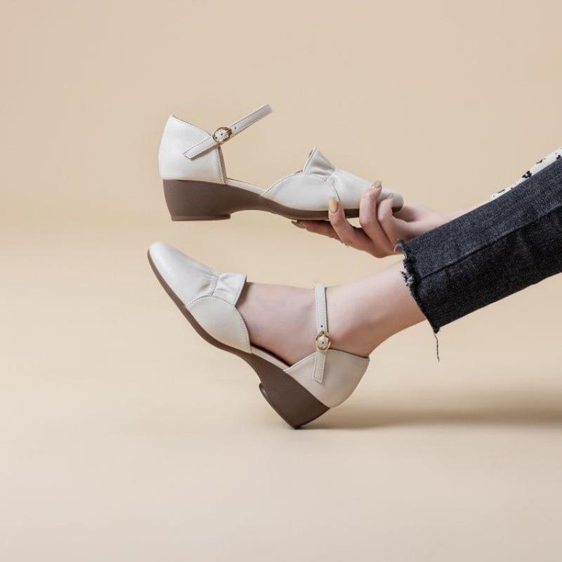 New Style of Coarse-heeled Soft Leather Shallow Toe Shoes, Versatile Soft-soled Mid-heel Women's Shoes