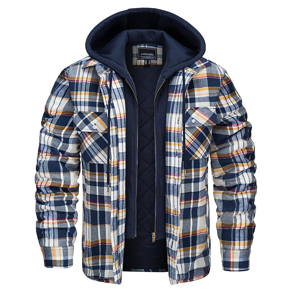 Plaid Flannel Shirt Jacket Men‘s Quilted Lined Coats with Removable Hood Winter Thick Hoodie Outerwear Heavy Shirts