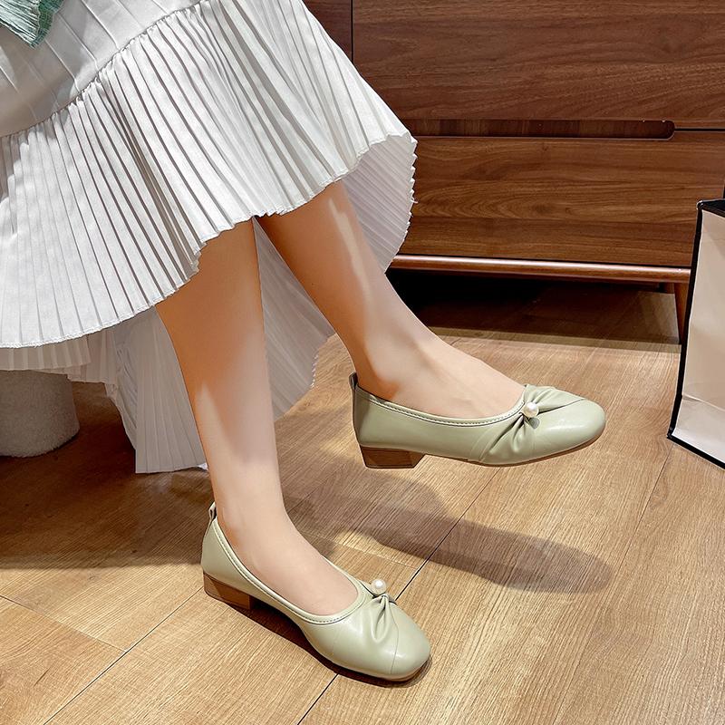 Women's Flat Shoes Spring New Square Head Shallow Mouth Pearl Soft Sole Anti-slip Wear-resistant Single Shoes