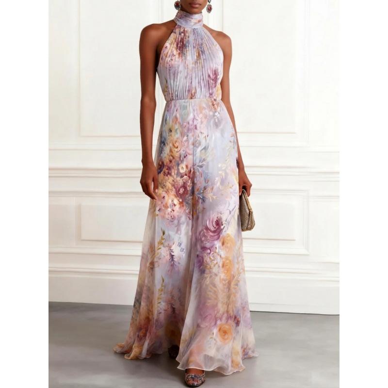 2026 spring new neck printing long dress femininity sleeveless dress banquet evening dress elegant chiffon dress S