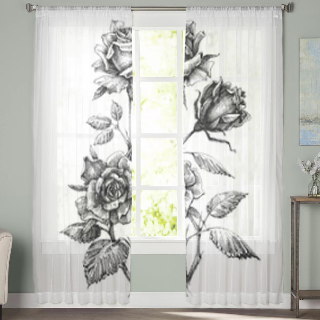 Hand Drawn Rose Sheer Curtains Transparent Voile Tulle Drapes For Living Room Bedroom Window Home Decor