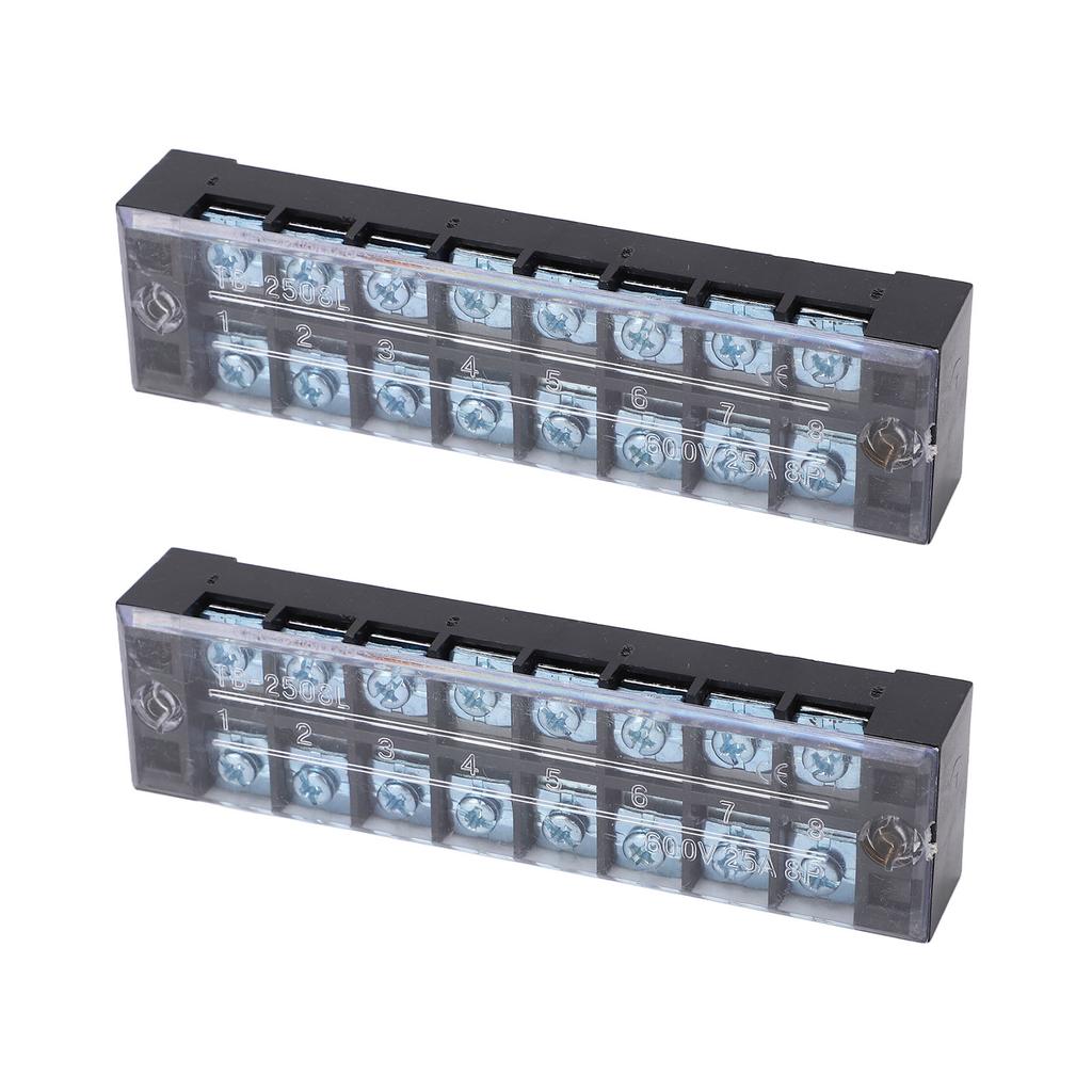 2PCS Dual Row Screw Terminal Strip Fixed High Current Terminal Blocks with Cover 600V 25A 8