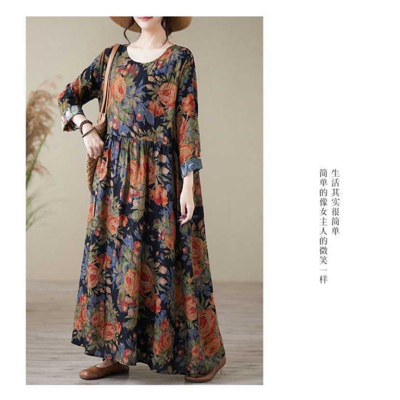 Printed Round Neck Loose Plus Size Long Sleeve Dresses for Women