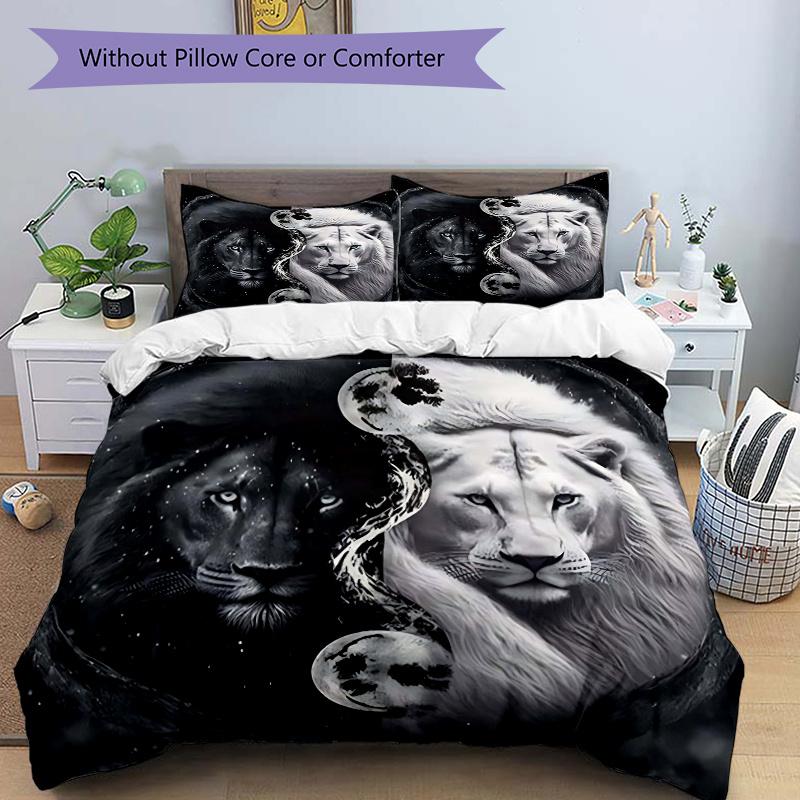 

3pcs Anime Lion Yin Yang Moon Comforter Set with One Quilt Cover and Two Pillowcases (No Core) - Home Decor, Festival Gift, Polyester Fabric, Suitable 135x200cm