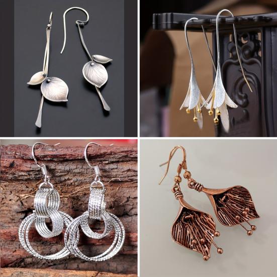 1 Pair Women Earrings Ethnic Style Plant Leaf Design Faux Obsidian Inlaid Hook Earrings Jewelry Gift Accessories