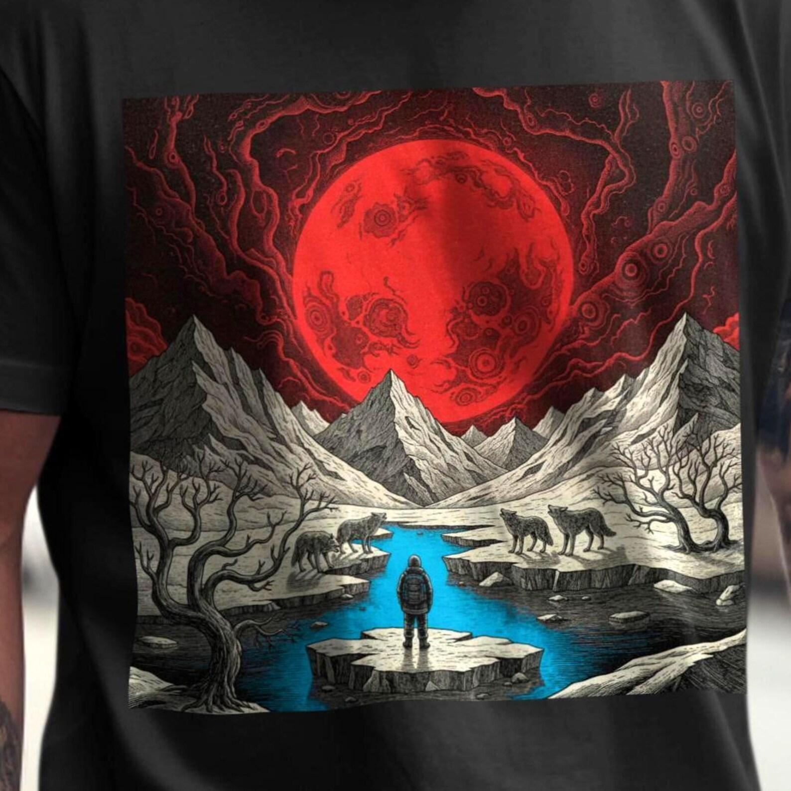 Red Moon Wolves Landscape T-Shirt | Lone Figure Nature Shirt | Dark Forest Wolves Graphic Tee | Surreal Mountain Art XS to 5XL XL