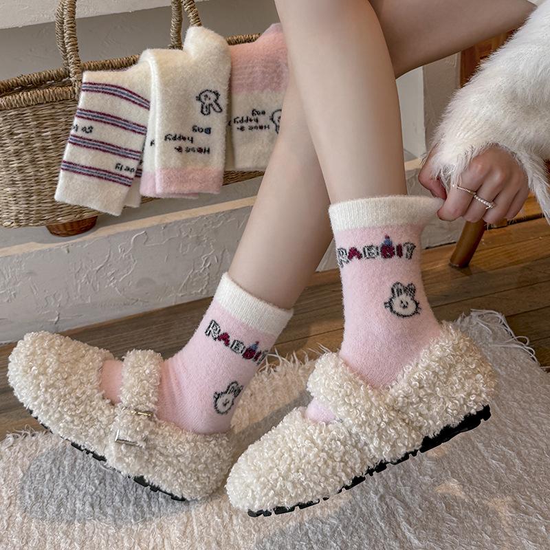 Pink Australian Velvet Socks Season Warm Medium Tube Socks Piled Thickened Home Sleep Socks Cute Cartoon Stockings