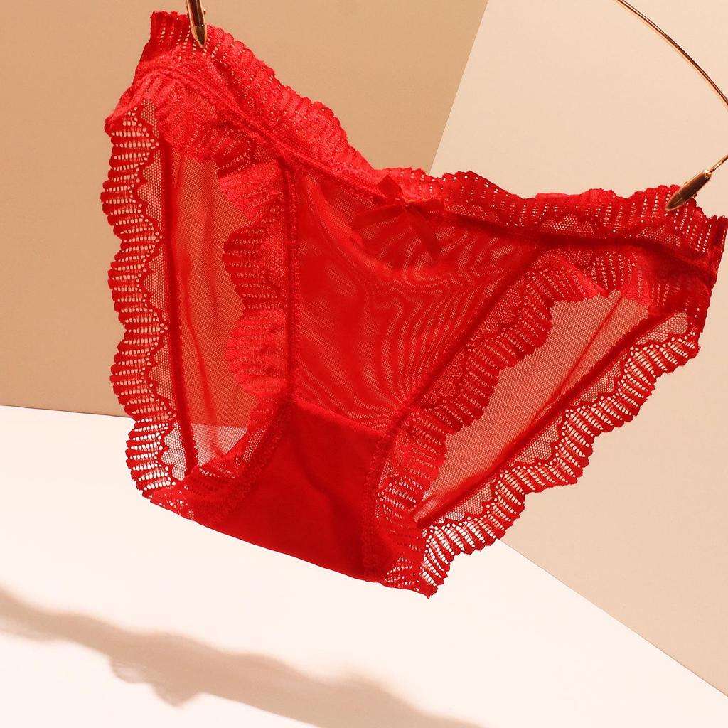 Women's Red Lace Mesh Low-Rise Quick-Dry Triangle Panties for Temptation and Auspicious Wedding