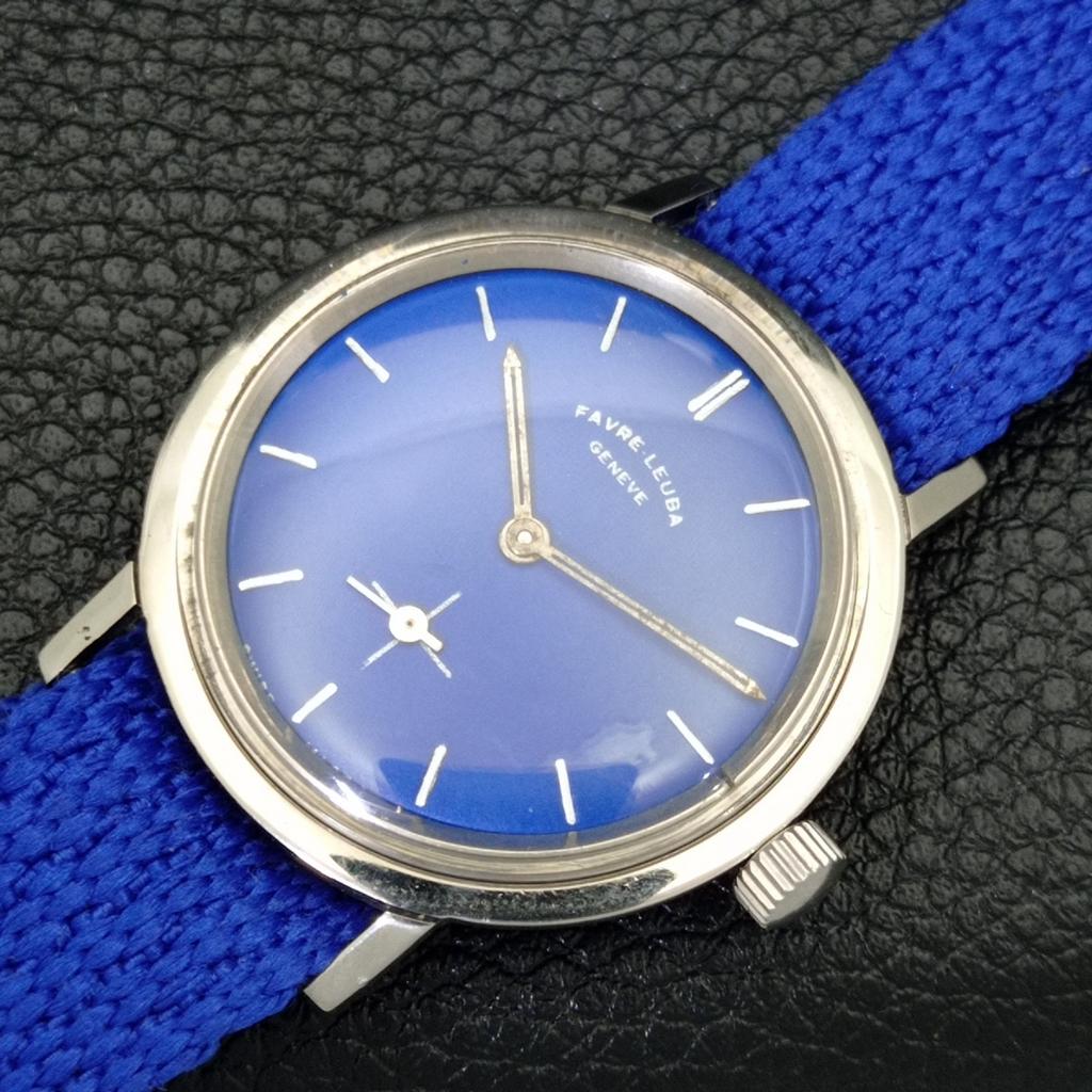 HAND-WINDING VINTAGE FAVRE LEUBA SWISS MENS BLUE COLOR DIAL WATCH A436436-2 R129-a436436